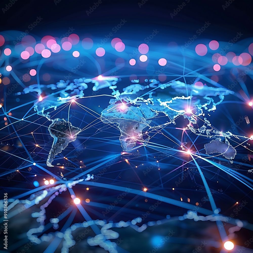 Abstract world map, concept of global network and connectivity, international data transfer and cyber technology, worldwide business, information exchange and telecommunication Abstract world map, concept of global network and connectivity, international data transfer and cyber technology, worldwide business, information exchange and telecommunication