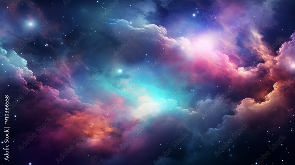 Vibrant and colorful space galaxy cloud nebula with starry night sky in the cosmos, illustrating the wonders of the universe, ideal for science and astronomy concepts


