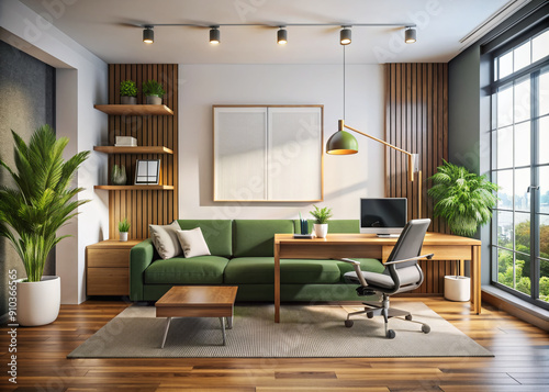 Vibrant modern office room with sleek wooden desk, comfortable couch, and empty white poster wall, perfect for creative brainstorming and innovative ideas, high-quality interior design. photo