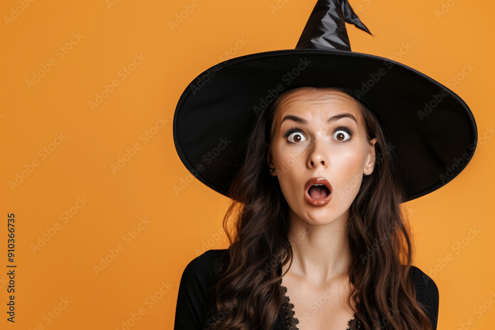 Magician woman wearing black costume and halloween makeup, isolated over yellow background, with copy space. 