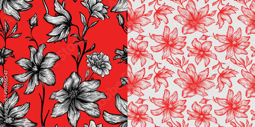 Seamless floral set vector laconic black and red ink doodle drawing handmade set work for background design fabric, decor, ceramics, cards, flowers, texture print on red and light backgrounds