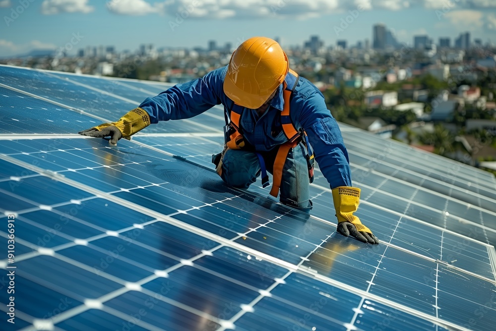 custom made wallpaper toronto digitalWorker Installing Solar Panels on Rooftop of Building in Urban Setting During Daylight