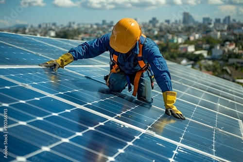 Wallpaper Mural Worker Installing Solar Panels on Rooftop of Building in Urban Setting During Daylight Torontodigital.ca
