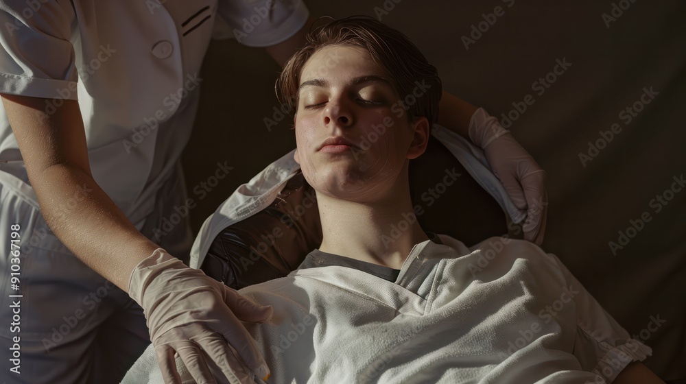 A person with a self-care disability receiving assistance with dressing or undressing for a procedure. A person with a self-care disability receiving assistance with dressing or undressing for a procedure.