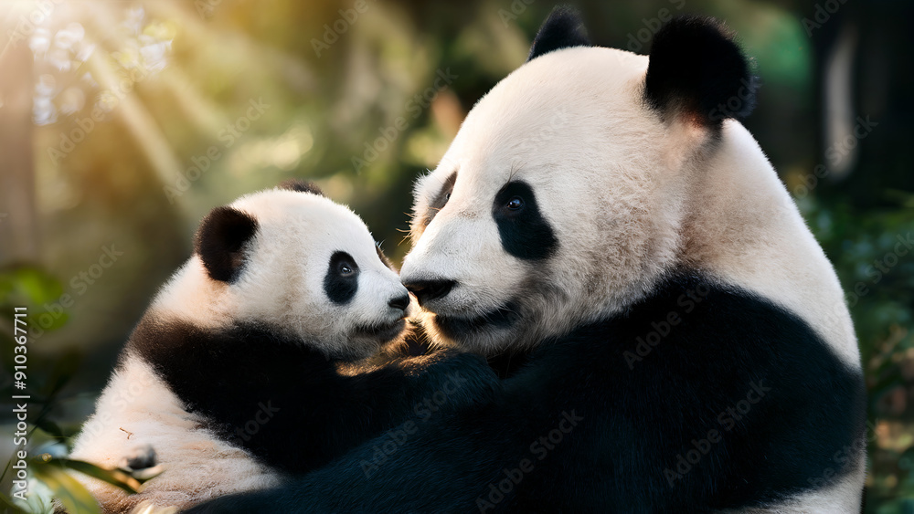 Obraz premium Giant Panda Mother and Cub in Forest Morning Sunlight - AI-Generated Art, Half Body View, Cozy Bonding, Zoom Distance, Realistic Digital Illustration