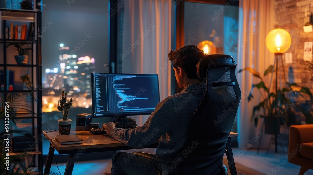 A programmer and developer sits at his computer and writes code in his home office in a chic modern apartment A programmer and developer sits at his computer and writes code in his home office in a chic modern apartment