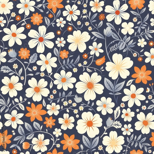 Wallpaper Mural Floral Pattern Vector Art Featuring Orange and White Flowers on Dark Background Torontodigital.ca