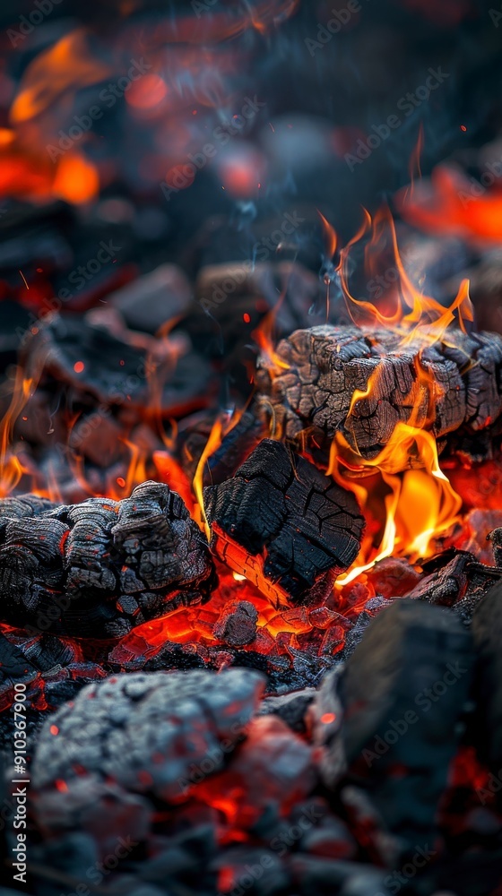 Bright embers and flames dance among charcoal, creating a warm ambiance during an evening gathering outdoors Bright embers and flames dance among charcoal, creating a warm ambiance during an evening gathering outdoors