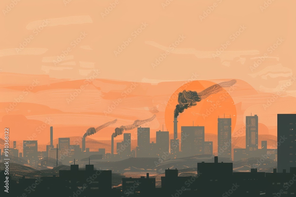 Naklejka premium Stunning urban sunset view from a high-rise building's rooftop with cityscape silhouettes and modern glass architecture.. Beautiful simple AI generated image in 4K, unique.