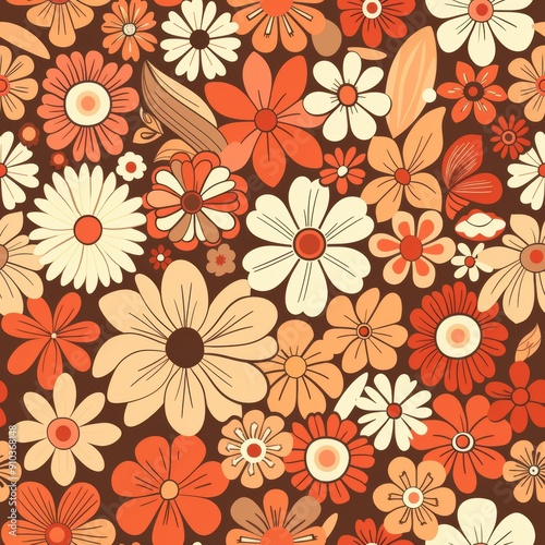Wallpaper Mural Vibrant Floral Pattern With Orange and Cream Blooms on Brown Background Torontodigital.ca