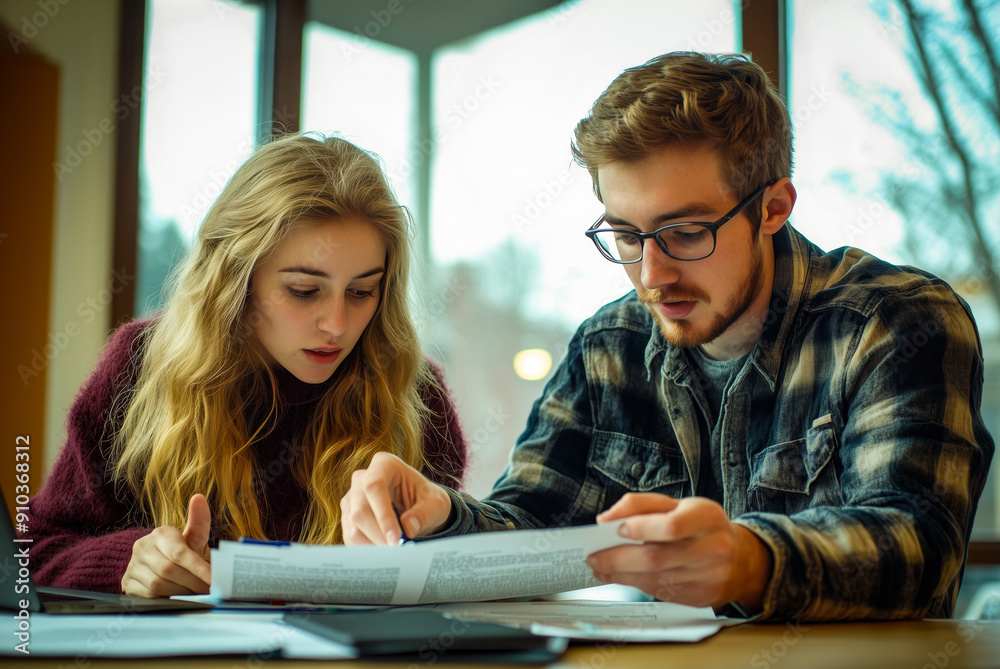 Two young, long-haired, bearded students, clad in flannel shirts and glasses, are engrossed in collaborative study, sharing notes amidst the tranquil ambiance of the college library. Two young, long-haired, bearded students, clad in flannel shirts and glasses, are engrossed in collaborative study, sharing notes amidst the tranquil ambiance of the college library.