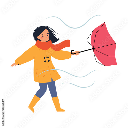 Bad Weather with Woman Character with Umbrella Walk in Windstorm and Rain Vector Illustration