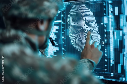 Clasified data Army soldier reading clasified document/top secret and using computer for identification blue digital fingerprint photo