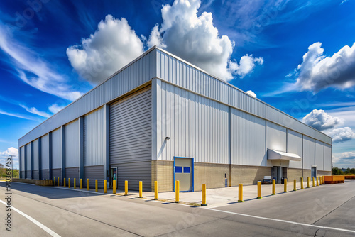 Wallpaper Mural Modern industrial building with corrugated metal walls and loading docks, surrounded by fenced parking lot and concrete apron under cloudy blue sky. Torontodigital.ca