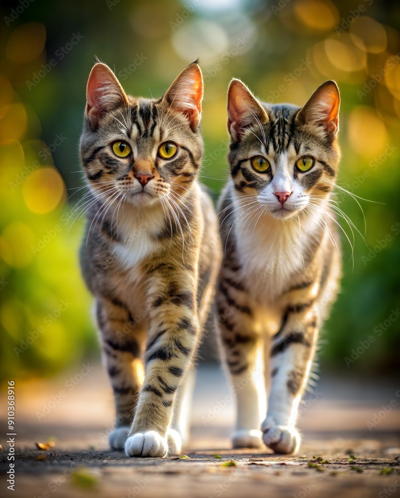 Two striped cats stroll confidently along a stone pathway, illuminated by the warm afternoon sunlight. Generative AI Two striped cats stroll confidently along a stone pathway, illuminated by the warm afternoon sunlight. Generative AI