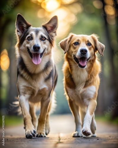 Two Happy Dogs Playfully Walking Along a Tree-Lined Pathway During Sunset. Generative AI