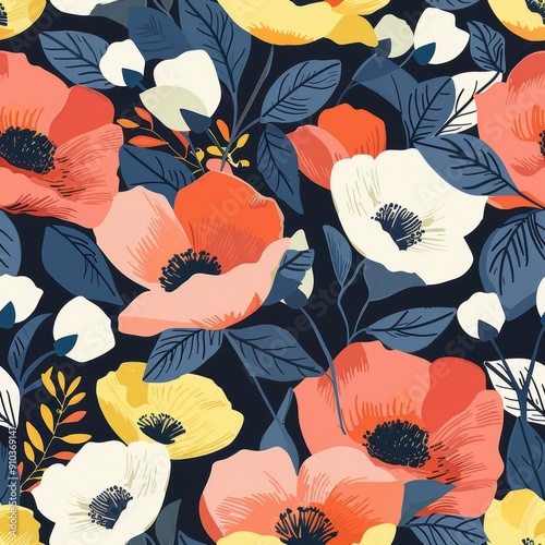 Vibrant Minimalist Botanical Floral Pattern Featuring Amix Of Colorful Flowers photo