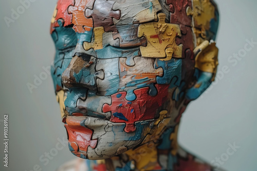 Abstract Human Head Composed of Colorful Puzzle Pieces. Generative AI photo