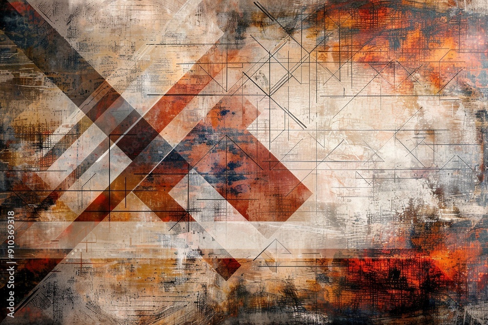 Modern grunge background with a rough texture and stenciled geometric shapes in contrasting colors for a striking visual effect Modern grunge background with a rough texture and stenciled geometric shapes in contrasting colors for a striking visual effect