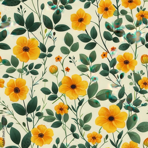 Minimalist Botanical Floral Pattern With Yellow Flowers and Green Leaves