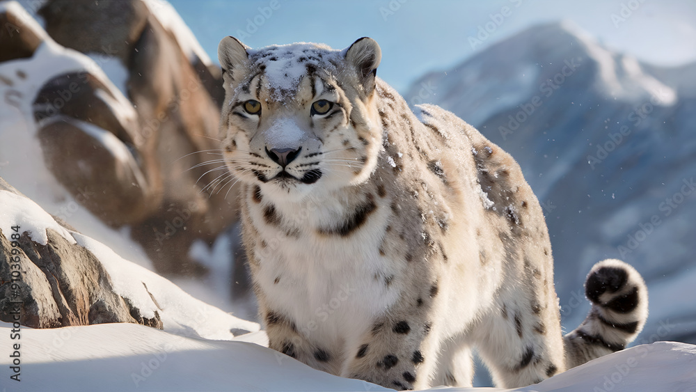 Fototapeta premium Snow Leopard Walking Through Snowy Mountain with Snow-Covered Fur, Sunlight Shining Through Snow-Capped Peaks, AI-Generated 3D Wildlife Art