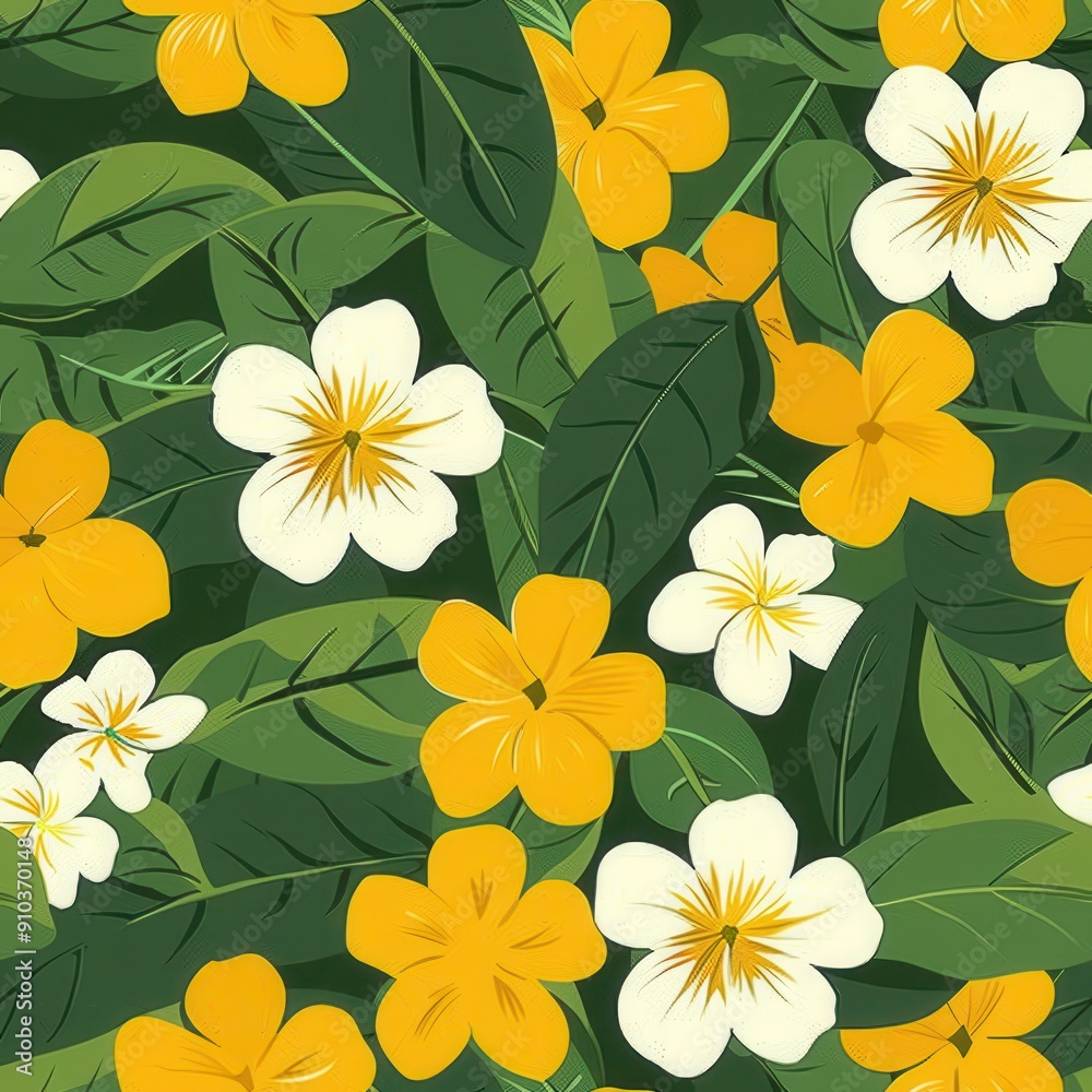 Minimalist Botanical Floral Pattern Featuring Yellow and White Flowers With Green Leaves Minimalist Botanical Floral Pattern Featuring Yellow and White Flowers With Green Leaves