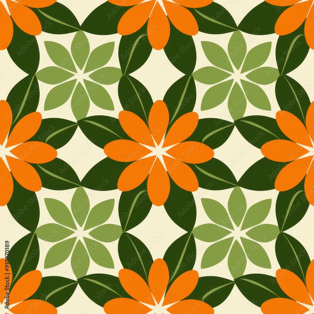 Minimalist Botanical Floral Pattern With Green and Orange Elements Minimalist Botanical Floral Pattern With Green and Orange Elements