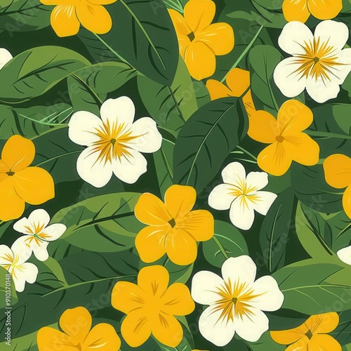 Minimalist Botanical Floral Pattern Featuring Yellow and White Flowers With Green Leaves