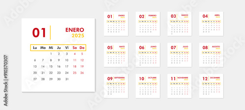 Monthly modern calendar 2025 on spanish language in flag colors. Week starts on Monday