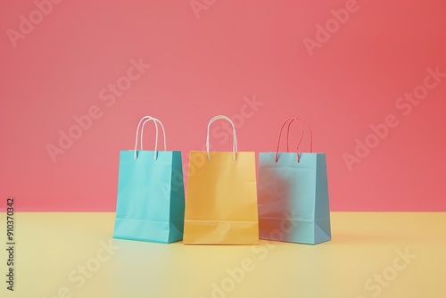 Colorful paper shopping bags on pink background