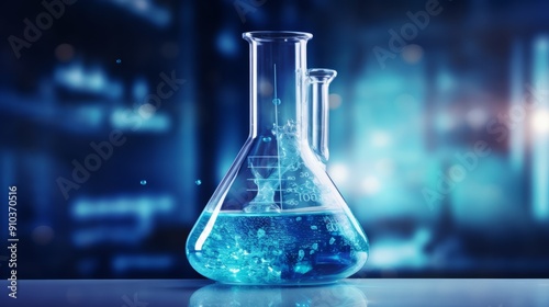 Laboratory glass flask and cylinder in a blue science lab background, highlighting scientific research and experimentation concepts with precision measurement equipment.