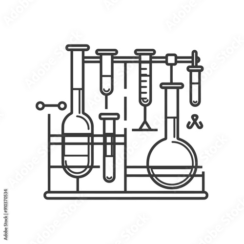 Laboratory glassware in a rack with beakers test tubes and a graduated cylinder