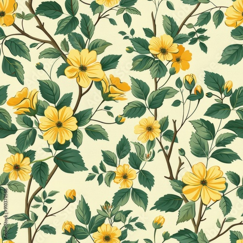 Minimalist Yellow Floral Botanical Pattern With Green Leaves on Cream Background