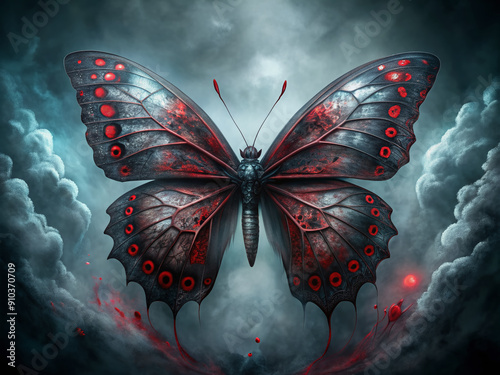 A dark butterfly with wicked wings unfolded, revealing intricate red patterns and dripping with eerie bloodstains, set against a hauntingly dark misty background atmosphere. photo