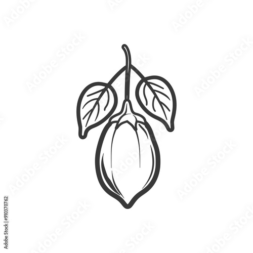 Line Art Drawing of a Single Lemon with Leaves