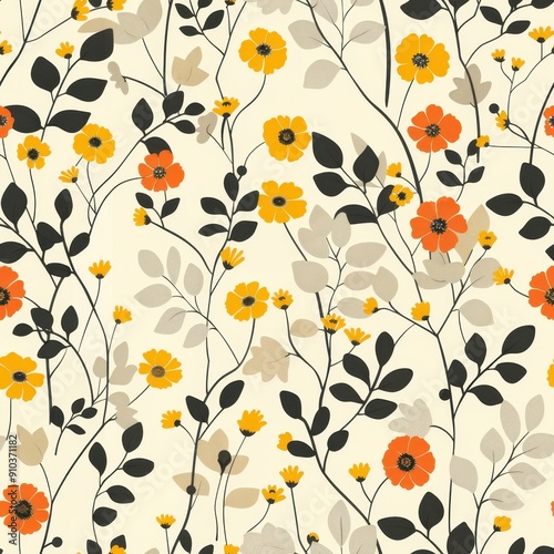 Minimalist Floral Pattern With Vibrant Orange and Yellow Blooms on Neutral Background