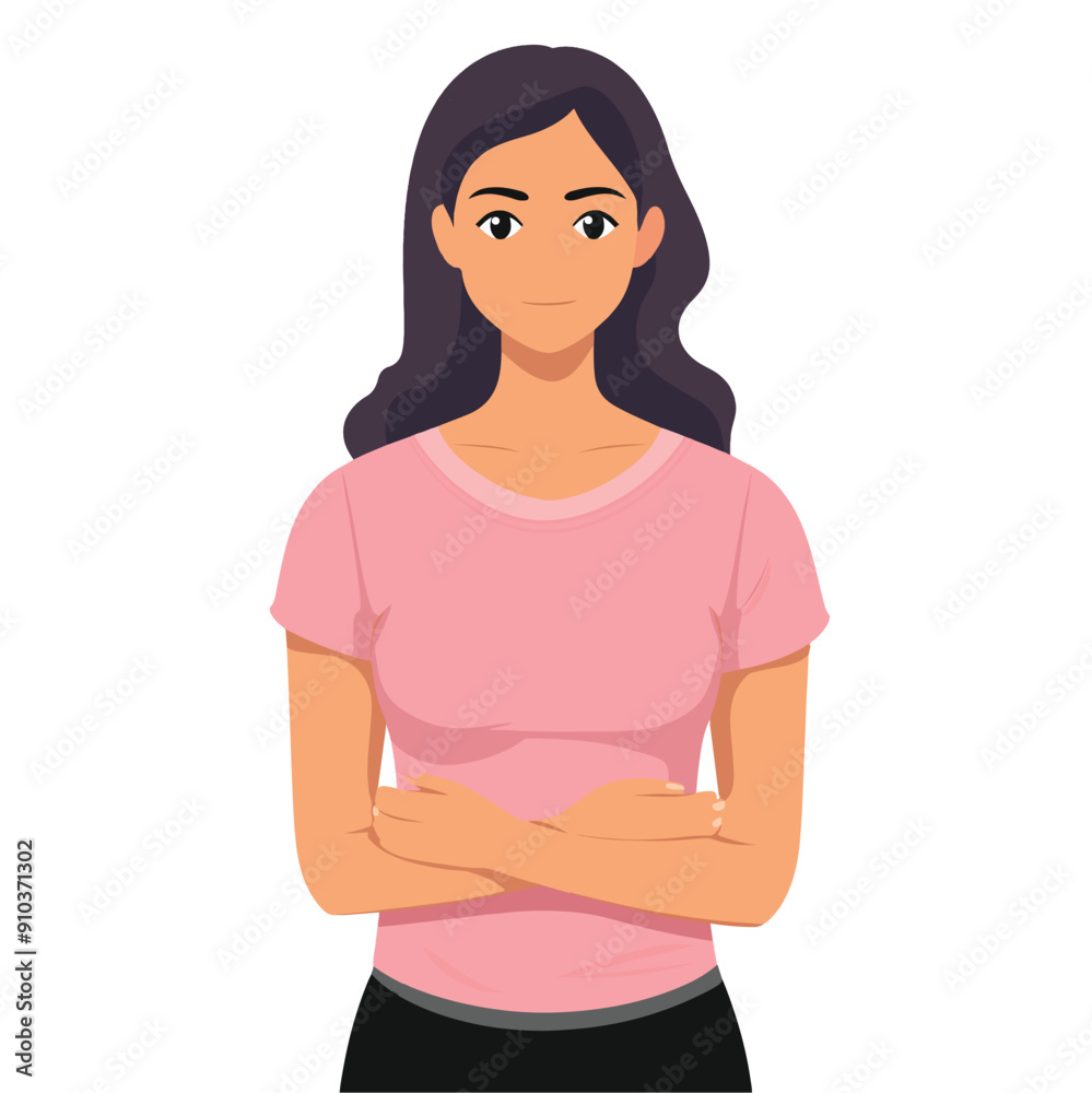 flat illustrations of a women wearing pink Tshirt holding her hand on chest, white background.eps flat illustrations of a women wearing pink Tshirt holding her hand on chest, white background.eps