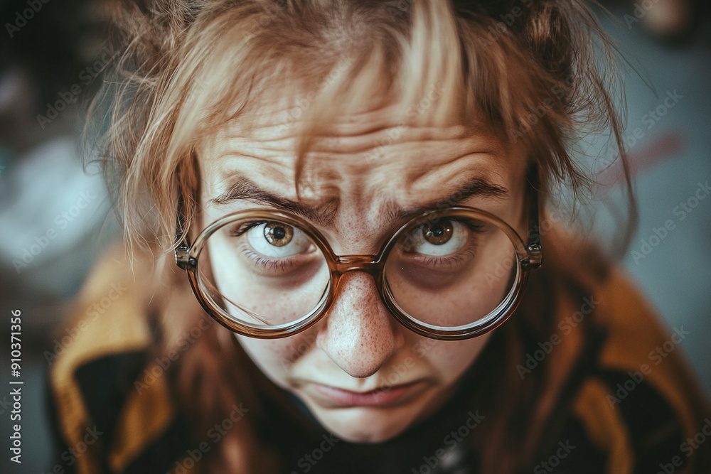 Wacky Female blogger wearing glasses looking at camera Wacky Female blogger wearing glasses looking at camera