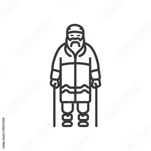 Line Art Illustration of a Bearded Man Wearing a Winter Coat and Holding Sticks