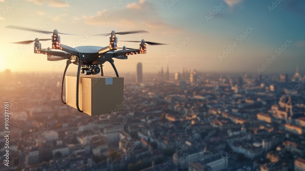 Drone carrying a package flying over a cityscape at sunset Drone carrying a package flying over a cityscape at sunset