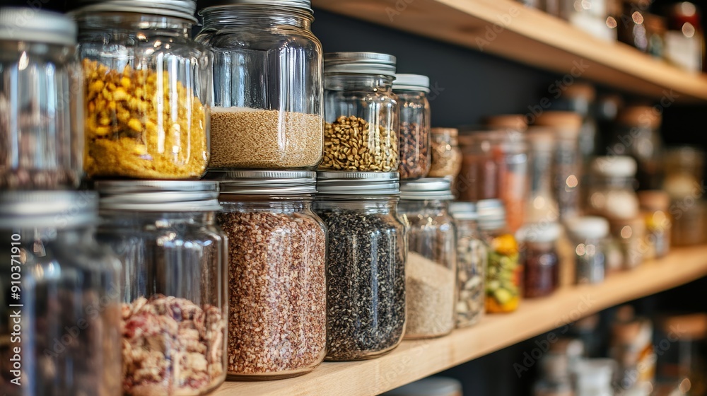 Assorted grains and seeds in glass jars on a wooden shelf Assorted grains and seeds in glass jars on a wooden shelf