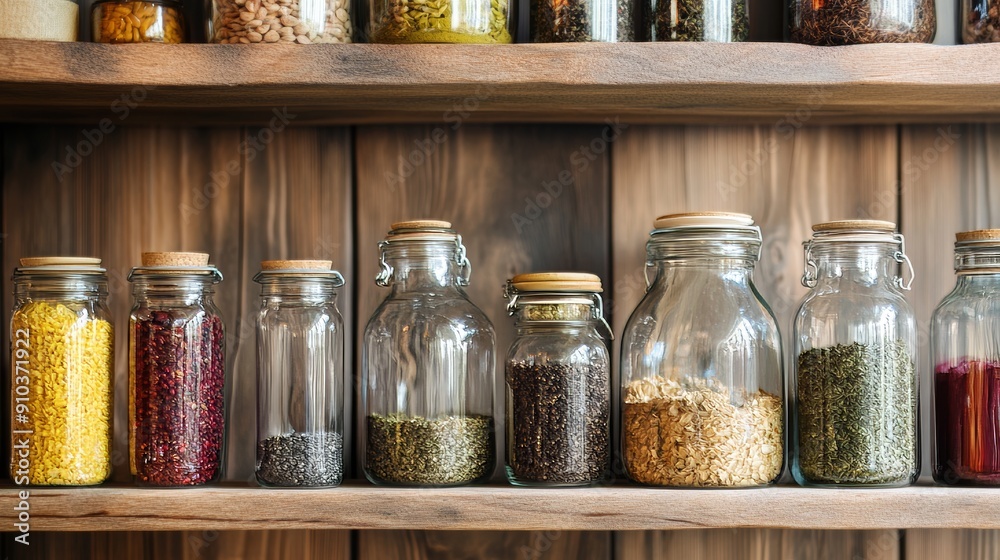 Assorted grains and seeds in glass jars on a wooden shelf Assorted grains and seeds in glass jars on a wooden shelf