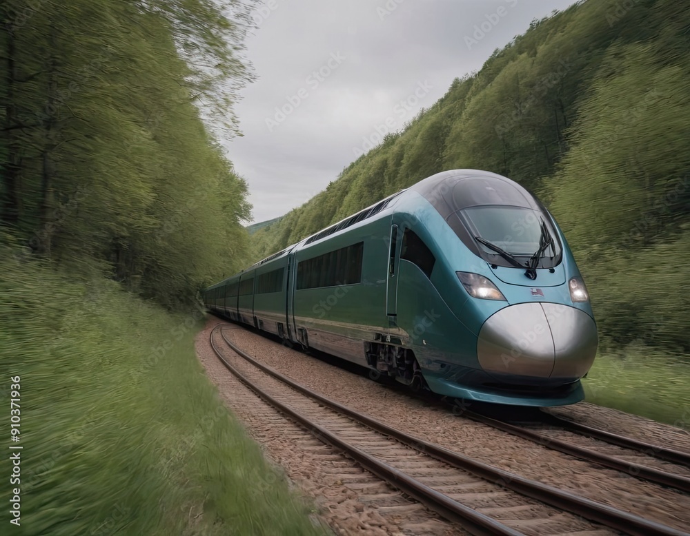 Fototapeta premium Modern high-speed train approaches to the station at spring morning time.