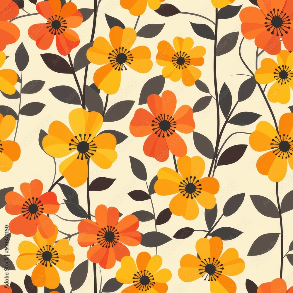 Minimalist Botanical Floral Pattern in Orange and Yellow on Light Background Minimalist Botanical Floral Pattern in Orange and Yellow on Light Background