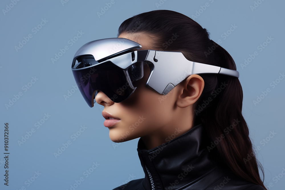 High-tech virtual reality goggles worn by a woman in a futuristic setting High-tech virtual reality goggles worn by a woman in a futuristic setting