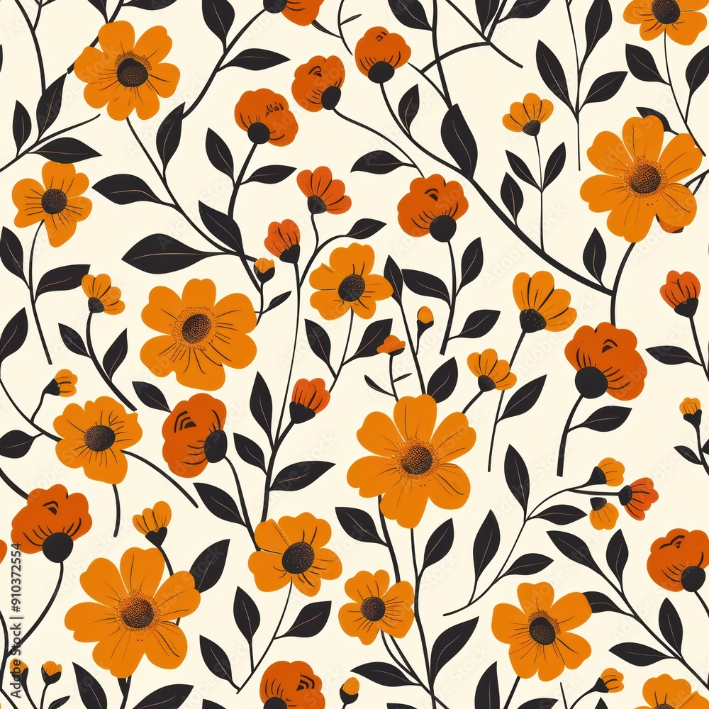 Minimalist Botanical Floral Pattern With Vibrant Orange Flowers on Neutral Background Minimalist Botanical Floral Pattern With Vibrant Orange Flowers on Neutral Background