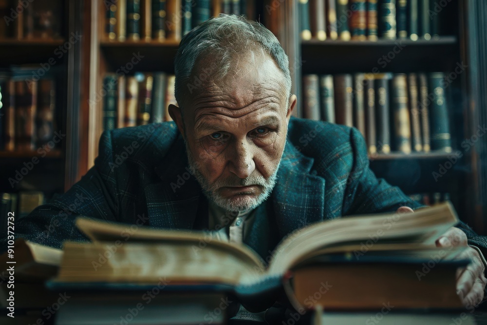 A serious older man sits in a library, engrossed in a book. The shelves behind him are filled with volumes, creating a classic scholarly atmosphere. A serious older man sits in a library, engrossed in a book. The shelves behind him are filled with volumes, creating a classic scholarly atmosphere.