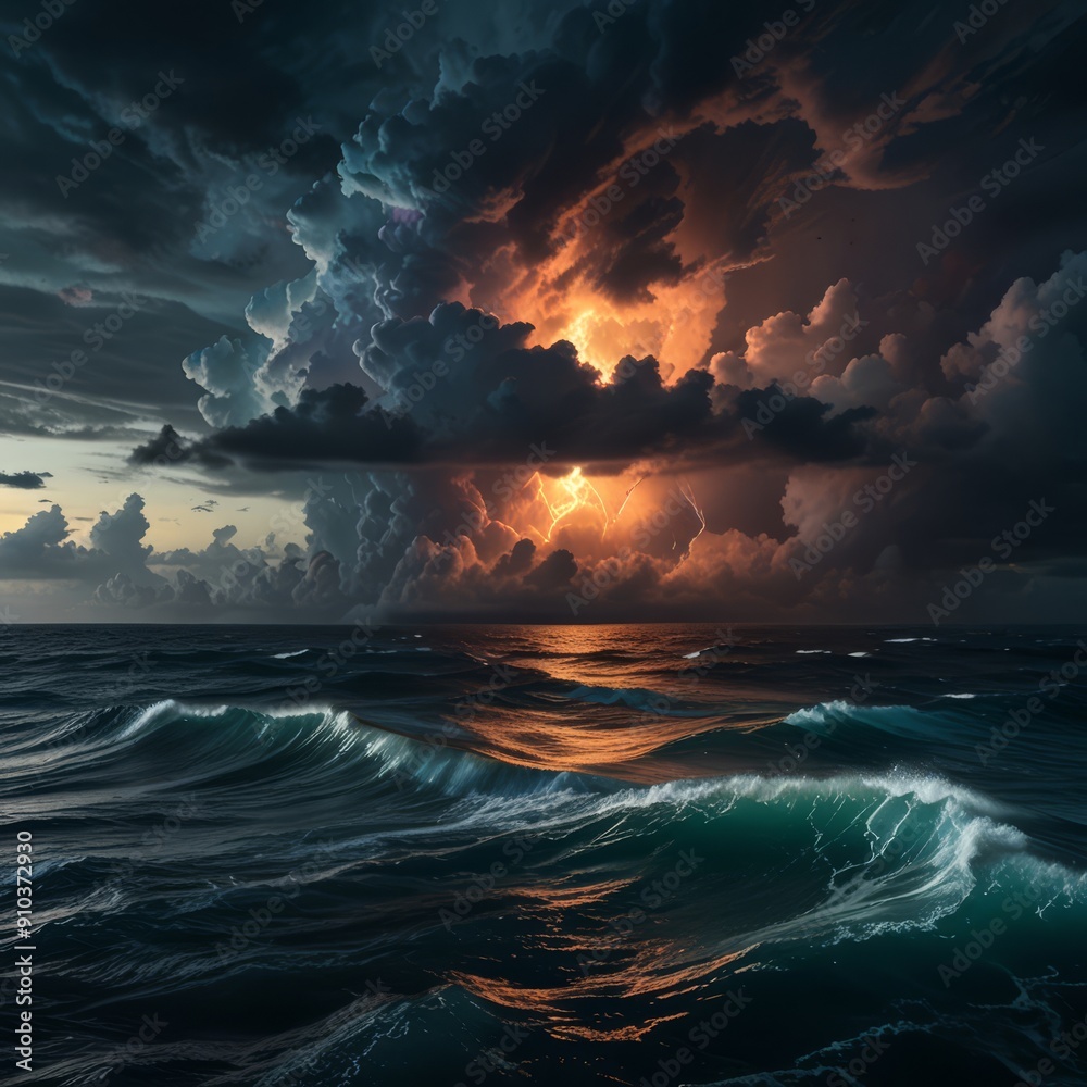 Fototapeta premium A dramatic, cinematic view of the Bermuda Triangle from above, with stormy clouds, turbulent waves, and an ominous glow emanating from the center, creating a sense of mystery and intrigue. 