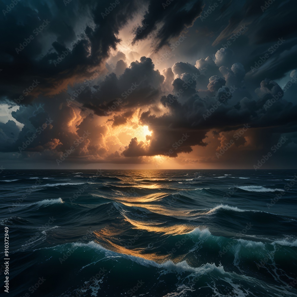 Obraz premium A dramatic, cinematic view of the Bermuda Triangle from above, with stormy clouds, turbulent waves, and an ominous glow emanating from the center, creating a sense of mystery and intrigue. 