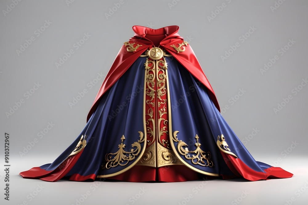 3d realistic cape in red with golden details. Flowing, wavy fabric for carnival, vampire, witches or illusionists.
